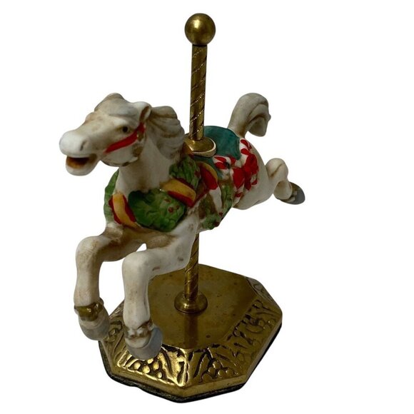 Christmas Carousel Horse Figurine Ceramic Brass 4" Holiday Decor - Picture 10 of 10